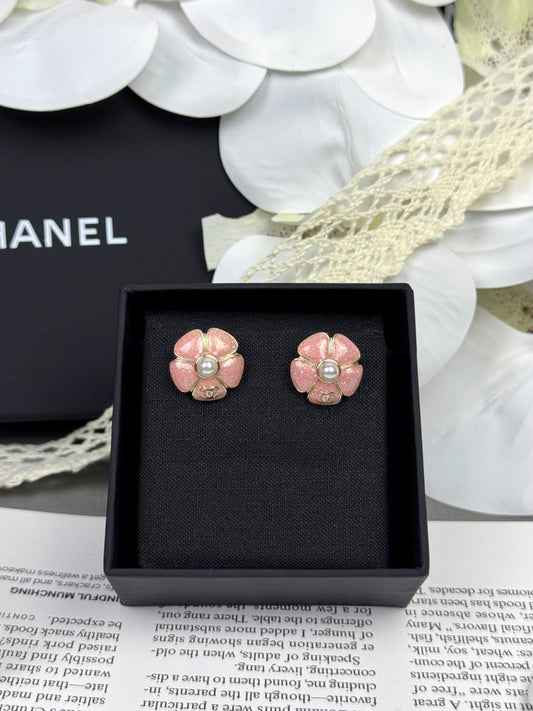 [⭐vintora]26C Pink Camellia Pearl Enamel Stud Earrings