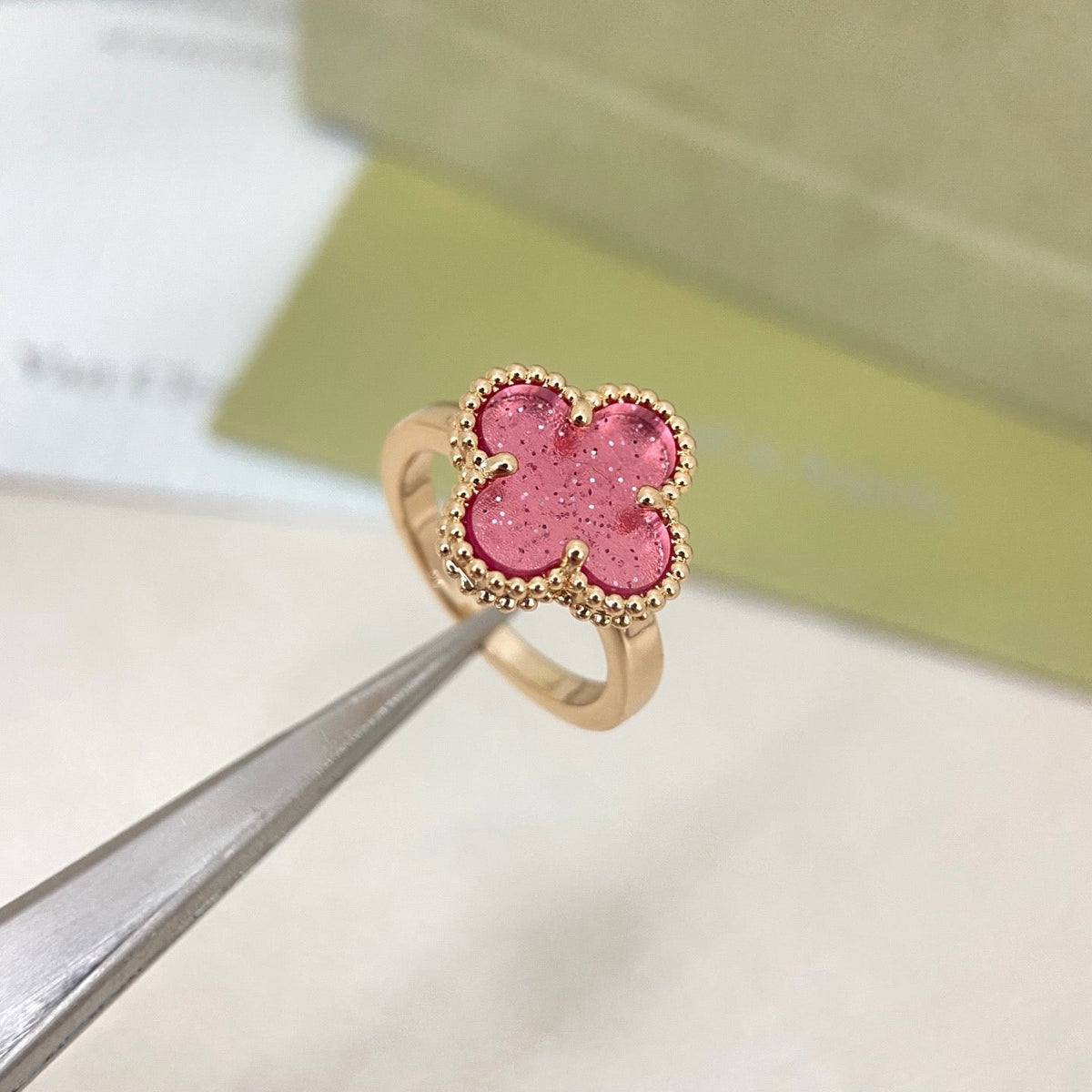[⭐vintora]NEW ROSE QUARTZ FOUR-LEAF CLOVER RING