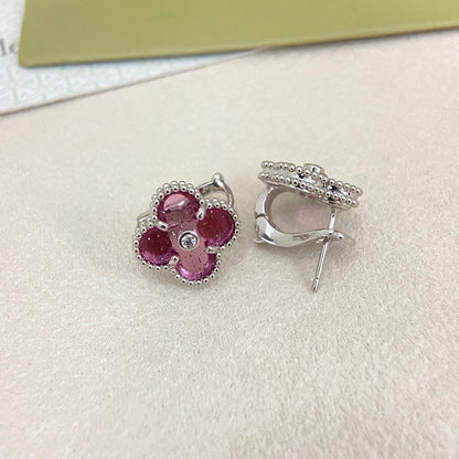 [⭐vintora]2026 NEW  CLOVER 1 MOTIFPINK ENAMEL STUD EARRINGS WITH DIAMONDS2