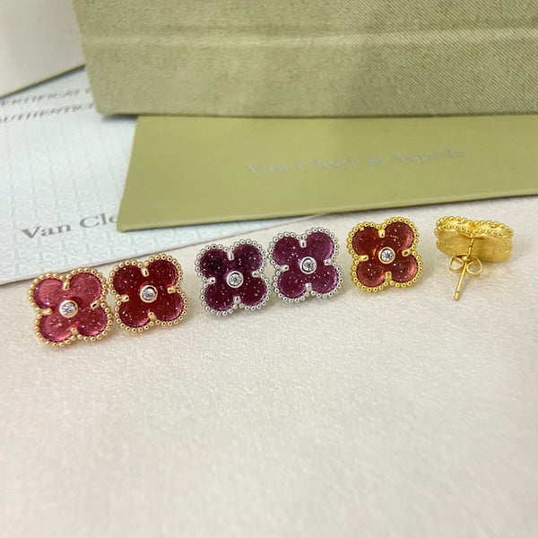 [⭐vintora]2026 NEW  CLOVER 1 MOTIFPINK ENAMEL STUD EARRINGS WITH DIAMONDS